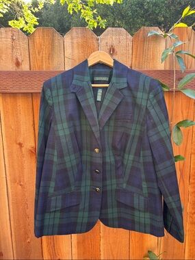 Lauren Ralph Lauren Navy & Green Tartan Blazer with Gold Buttons